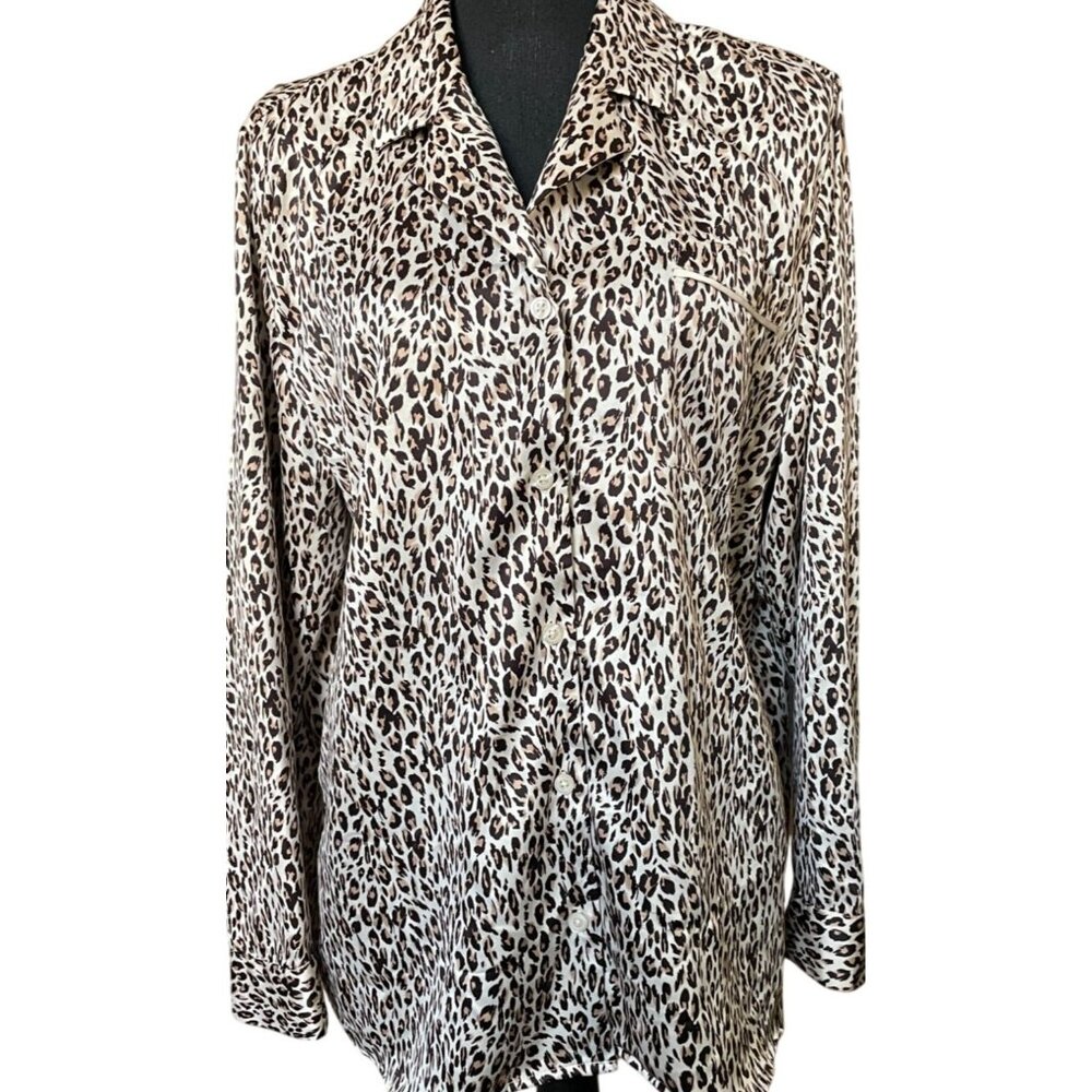 Apt. 9 Silky Leopard Print Button Up Top - Collared Satin Pajama Blouse - L - Picture 7 of 7